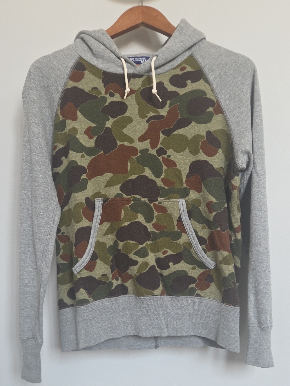 Junya Watanabe Green Camo Pullover Hoodie with Grey Sleeves Size Small